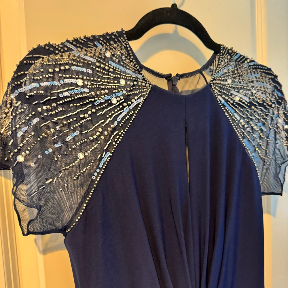JS Boutique Navy Blue Jewel beaded cap sleeve gown | size 4 - Picture 6 of 9